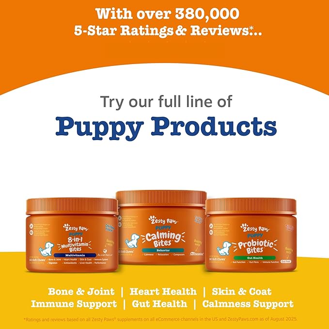 Zesty Paws Dog Multivitamin, Chewable Dog Vitamins and Supplements for Hip & Joints, Skin & Coat, Omega 3 Fish Oil for Dogs- Puppy Multivitamin - Chicken Puppy Bites- 90ct