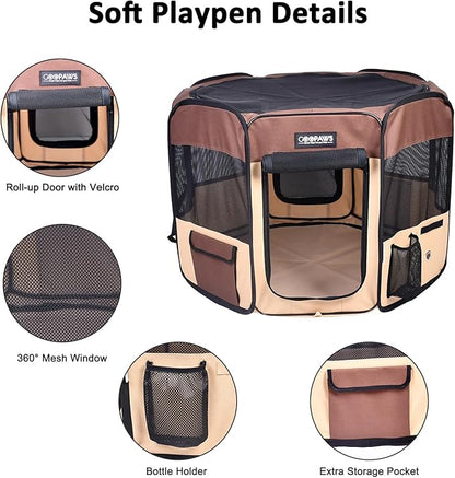 JESPET 61" Pet Dog Playpens, Portable Soft Dog Exercise Pen Kennel with Carry Bag for Puppy Cats Kittens Rabbits, Brown