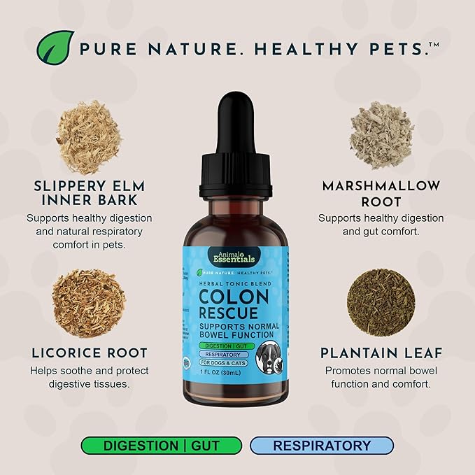 Animal Essentials Colon Rescue for Dogs & Cats - Herbal Laxative, Constipation Relief, Stool Softener with Slippery Elm, Marshmallow Root, Licorice Root - 2 Fl Oz