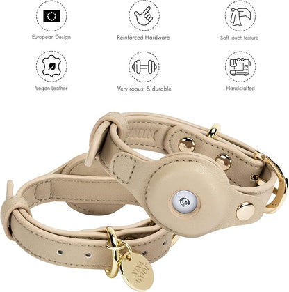 NINA WOOF Cupertino Dog Collars, Harnesses & Leashes Made from Vegan Leather with Dog Tracker Device Holder Adjustable Dog Collar (Small, Beige)