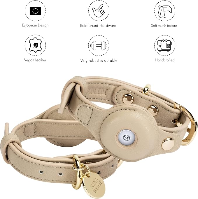 NINA WOOF Cupertino Dog Collars, Harnesses & Leashes Made from Vegan Leather with Dog Tracker Device Holder Adjustable Dog Collar (Extra Small, Beige)