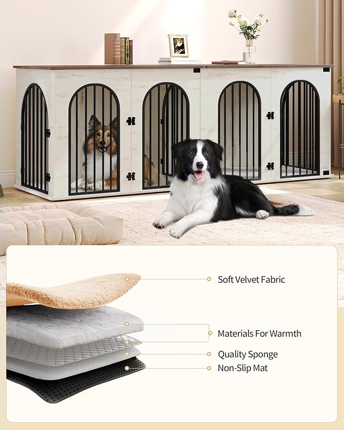 Hzuaneri 88.4" Dog Crate Furniture for 2 Dogs, Heavy Duty Indoor Dog Kennel TV Stand, XXL Wooden Dog Cage with Divider for Medium Large Dogs, End Table Dog Crate with Cushion, White Brown DFC84014BV1