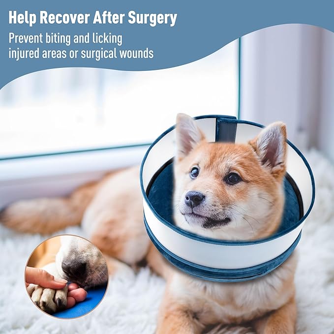 Inflatable Dog Cone, Soft Dog Cone Collar After Surgery for Alternative with Enhanced Anti-Licking Guard Shield Adjustable Detachable Cone Collar, Elizabethan Collar (M, Blue)