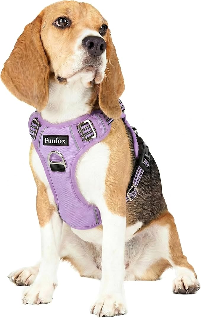 Funfox Dog Harness No Pull, Adjustable Pet Vest Harness, Super Soft Material with Vertical Handle Easy Control, Reflective Night Walking, 2 Leash Clips for Medium Sized Dogs, Purple, M