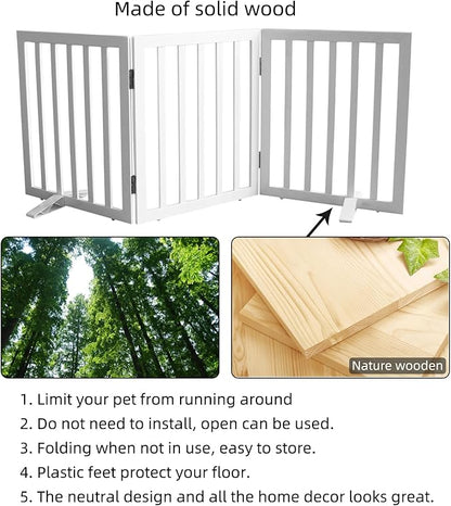 Dog Gate Indoor, Freestanding Dog Fence for The House, Doorways, Hallways,or Stairs,Pet Gate Foldable Wooden,Expandable 24" Height 3 Panels,White