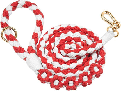 Handmade 5ft Braided Cotton Dog Leash with Unique Floral Handle, Durable and Stylish, Ideal for Small to Large Dogs, Red & White Twist