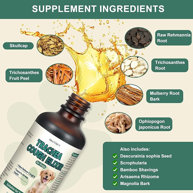 Collapsed Trachea Treatment for Dogs, Cough for Dogs, Trachea Cough Elixir, Natural Herbal Supplements Relieves Cough and Helps Soothe the Throat (2 FL OZ)