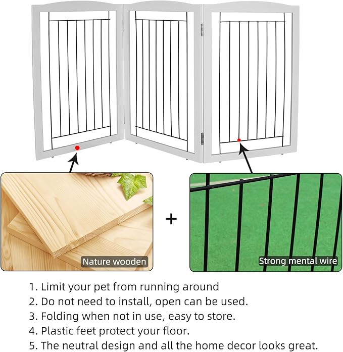 ZJSF Freestanding Foldable Dog Gate for House Extra Wide Wooden White Puppy Gate Stairs Dog Gates Doorways Tall Pet Gate 3 Panels Pet Fence