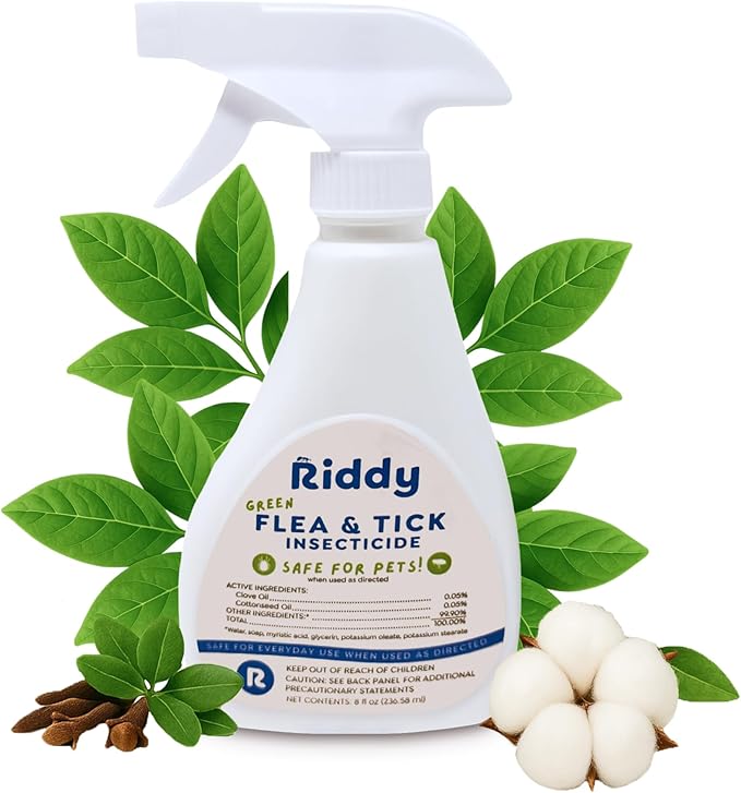 Riddy Flea & Tick Natural Spray for Pets with Essential Oils Safe Non-Hazardous Indoor and Outdoor Control, 8 oz, 1 Pack