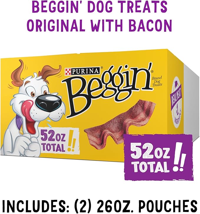 Purina Beggin' Strips Dog Treats,Original with Bacon Flavor - 26 oz. Pouches,(Pack of 4)