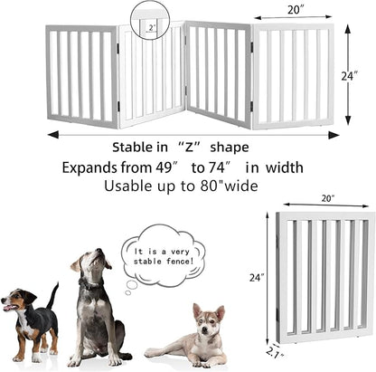 ZJSF Freestanding Indoor Dog Gate for House Foldable Wood White Puppy Gate for Doorways Pet Gate for Stairs Extra Wide Pet Fence 24" Height 4 Panels