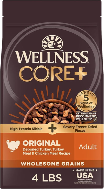 Wellness CORE+ Dry Dog Food with Freeze Dried Pieces, Wholesome Grains, High Protein, Natural, Original Turkey & Chicken Recipe, (4-Pound Bag)