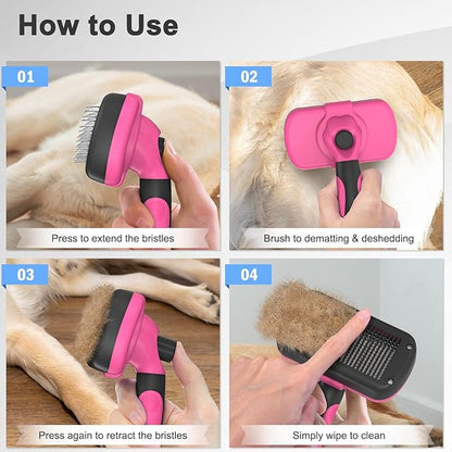 Dipoo Self-Cleaning Pet Grooming Brush - Skin-Friendly Deshedding Tool for Dogs & Cats in Pink, Removes Loose Hair and Tangles