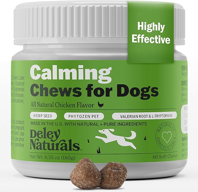 Deley Naturals Calming Chews for Dogs - Anxiety Relief Treats - Hemp Chews for Separation, Travel & Vet Visit - Dog Calming Chews and Relaxation Bites for Fireworks, Thunderstorms & Restless Behavior