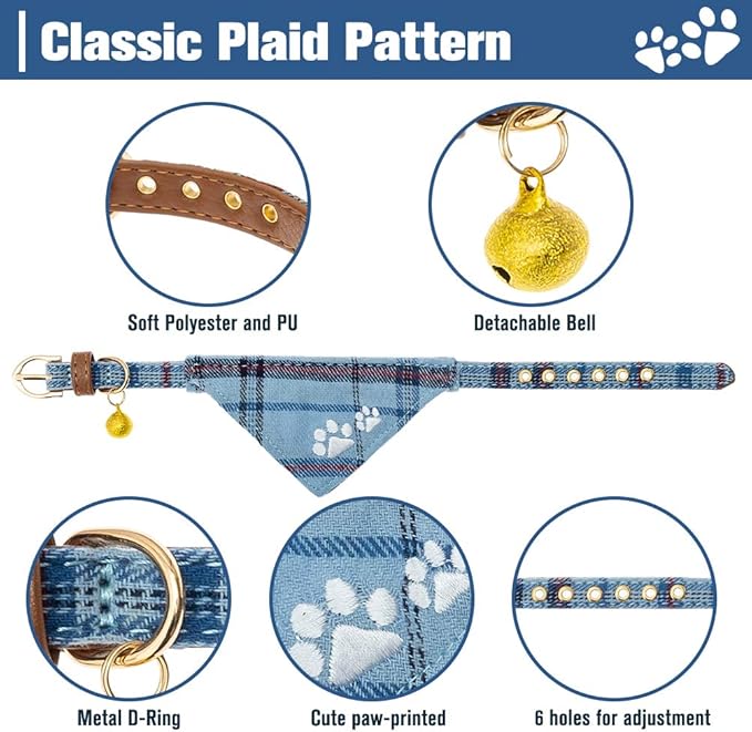 EXPAWLORER Puppy Collar and Leash Set - Embroidery Pawprints Plaid Dog Collar with Bow Tie and Bandana, Cute Collar and Leash for Dogs and Cats, Blue XS