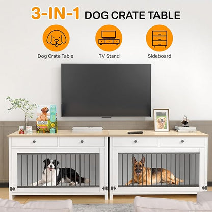 40" Dog Crate Furniture with 2 Large Storage Drawers, Wooden Dog Kennel End Table for Medium & Small Dogs, Decorative Indoor Pet Crate Sideboard with Heavy Duty Metal Bars & Secure Lock, White