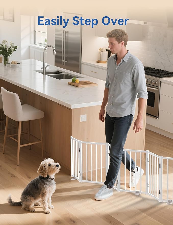 BFNN Free Standing Foldable Dog Gate, 16.5" High Step-Over Metal Short Pet Gate, Up to 72" Wide Puppy Fence for Stairs and Doorways, Indoor & Outdoor Use, No Drilling and No Assembly, White