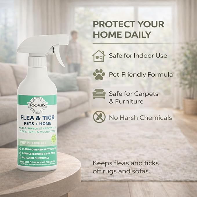 Flea Spray for Home & Pets - Flea and Tick Prevention for Dogs - Plant Based Repellent with Natural Essential Oils for Dog Flea Treatment Protection - Peppermint Scent - 16 Fl Oz