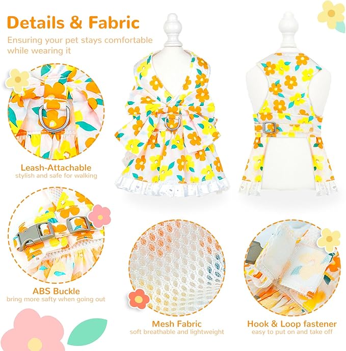 ABRRLO Dog Harness Dress Leash Set for Small Dog Summer Clothes Girl Female Puppy Cats Outfits Cute Floral Bowknot Princess Birthday Dress for Extra Small Pet Doggie Kitten Outfits Apparel(Yellow,M)