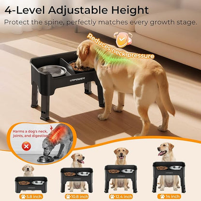 URPOWER Mess Proof Elevated Dog Bowls, High Wall Splash Guard Design, 4 Height Adjustable Raised Bowl Stand, 2 Stainless Steel Bowls, Non-Slip Food Water Set for Small Medium Large Dogs