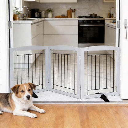 ZJSF Freestanding Dog Fence Indoor, Foldable Dog Gate for Doorways, Stairs or Hallways, Sturdy Wood Extra Wide Pet Gate with Support Feet for The House, Grey, 24 "Height-3 Panels