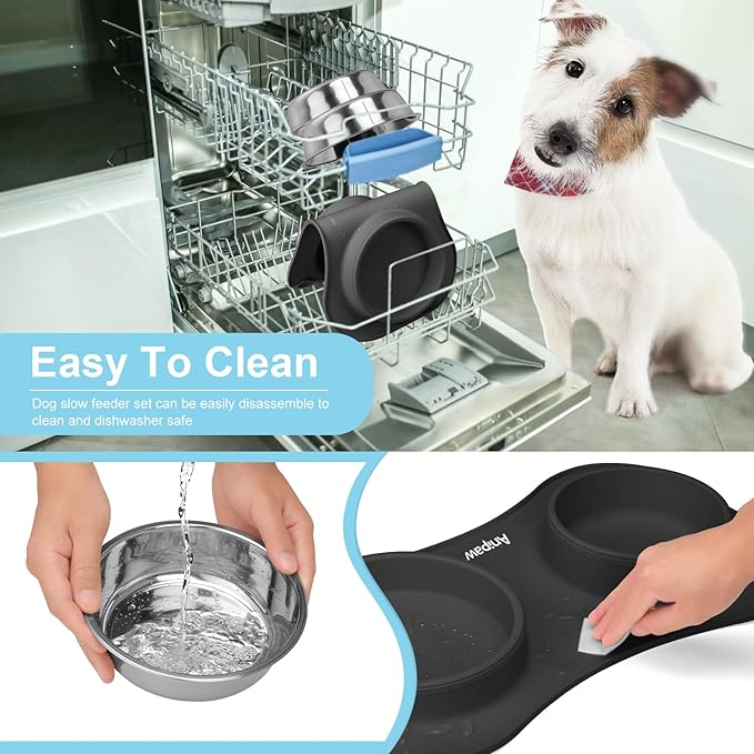 Anipaw Slow Feeder Dog Bowls 3 in 1 Stainless Steel Dog Food and Water Bowls with Non-Spill Non-Skid Silicone Mat to Slow Down Eating for Large Medium Small Breed Size Dogs and Cats (Grey Blue)