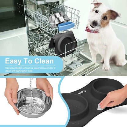 Anipaw Slow Feeder Dog Bowls 3 in 1 Stainless Steel Dog Food and Water Bowls with Non-Spill Non-Skid Silicone Mat to Slow Down Eating for Large Medium Small Breed Size Dogs and Cats (Grey Blue)