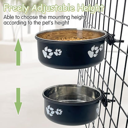 Kathson 2 Pack Dog Kennel Stainless Steel Crate Bowl, No Spill, Hanging Metal Pet Food Bowl Feeder for Cats Small Medium Dogs (Black)