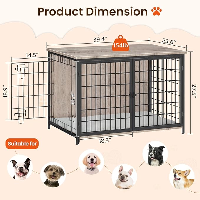MAHANCRIS Dog Crate Furniture with Cushion, Wooden Dog Kennel with Double Doors, Heavy Duty Dog Cage for Small/Medium/Large Dogs, Indoor Dog House End Table, 39.4" L, Greige DCHG10701