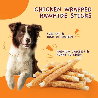 Jungle Calling Dog Treats, Chicken Wrapped Rawhide Sticks for Dogs, Grain-Free Natural Small Dogs Training Treats, Pet Chew Snacks,10.6 oz