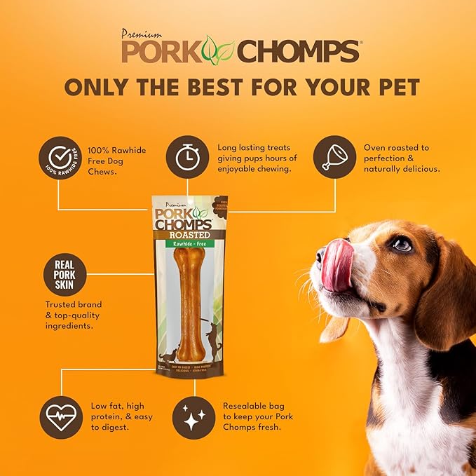 Pork Chomps Roasted Pressed Pork Skin Dog Chew, 7-inch Bone, 1 Count (Pack of 5)