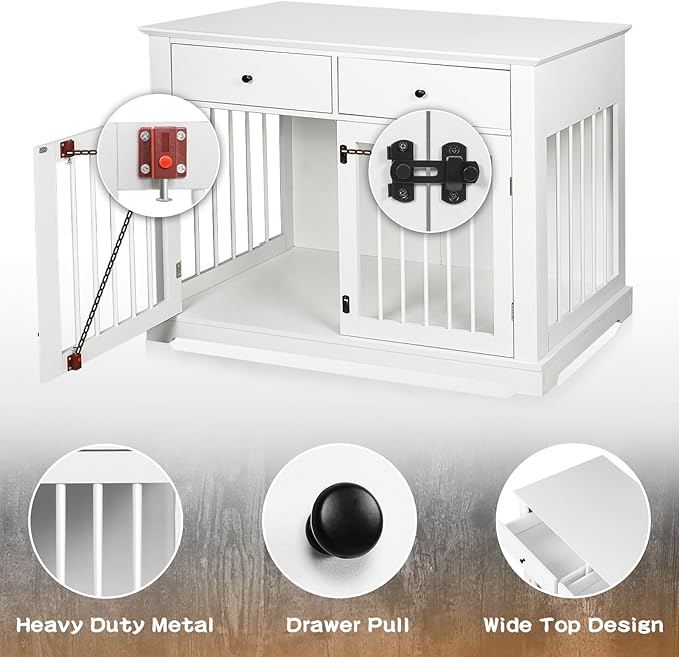 LEMBERI 44 Inch Large Dog Crate Furniture with Storage Drawers, Wooden Dog Kennel Furniture as End Table, Decorative Pet Cage Dog House Indoor for Dogs