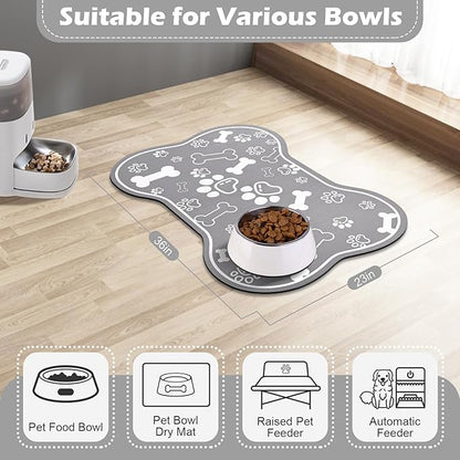 Dog Cat Food Mat,Rapid Absorbent Pet Feeding Mat, Bone Shaped Dog Placemat Water Bowl Mat with Rubber Backing,No Stains Dog Cat Food Mats Indoor, Pet Accessories Supplies 23"x36" Grey