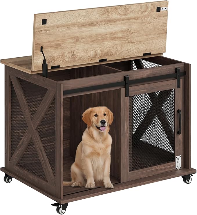 TROPOW Dog Crate Furniture,37 Inch Dog Kennel Furniture, Sliding Barn Door, Flip Top Dog Crate End Table with Removable Divider, Farmhouse Dog Cage for Small to Middle Size Dogs