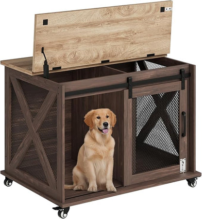 TROPOW Dog Crate Furniture,37 Inch Dog Kennel Furniture, Sliding Barn Door, Flip Top Dog Crate End Table with Removable Divider, Farmhouse Dog Cage for Small to Middle Size Dogs