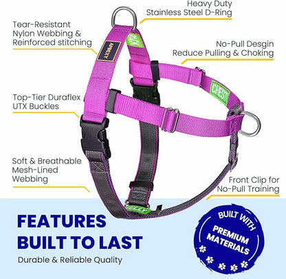 Easy Walk No Pull Dog Harness, Freedom Walk with Front and Back Clips Stainless D-Rings, Comfortable, Sewn-in Instructions Tags for Easy Use, for Medium Dogs Weight 30-39lbs (Purple, M)