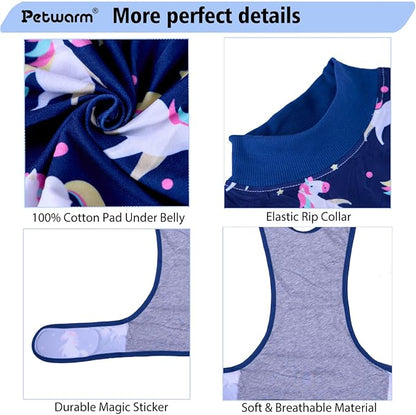 PetWarm Surgery Suit for Dogs, Onesie for Dogs After Surgery, Protective Dog Onesie After Spay or Neuter, Recovery Suit for Comfort, Full Coverage Dog Pajama, Unicorn Pattern, Blue, S