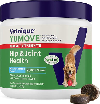 YuMOVE Hip & Joint Supplement for Dogs with Glucosamine, Hyaluronic Acid, Green Lipped Mussel & Omega 3 Joint Supplement - Regular or Advanced Strength (90ct Chews, Advanced Strength)