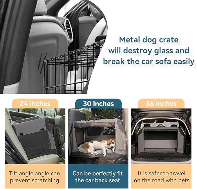 PETSFIT Collapsible Dog Crate, Portable Dog Crate - 24 Inch Sturdy Adjustable Structure, Easy to Set Up, Portable Dog Crate for Car, Light Tough with 3 Mesh Doors Grey