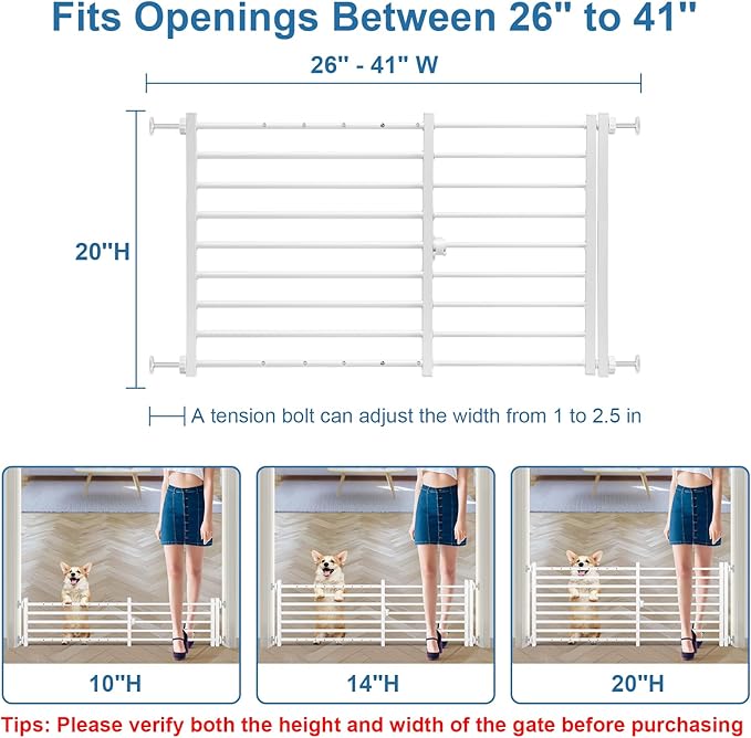 Malier Indoor Dog Gate with Door, 26-41" Extra Wide Full Metal Pet Gate Short Dog Gate for Stairs, Pressure Mount 20'' Tall Small Puppy Gate, Easy Step Over Low Gate for Doorways