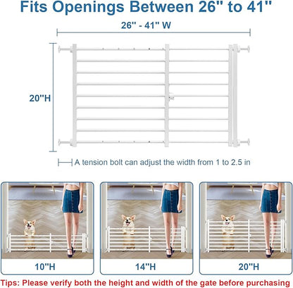 Malier Indoor Dog Gate with Door, 26-41" Extra Wide Full Metal Pet Gate Short Dog Gate for Stairs, Pressure Mount 20'' Tall Small Puppy Gate, Easy Step Over Low Gate for Doorways