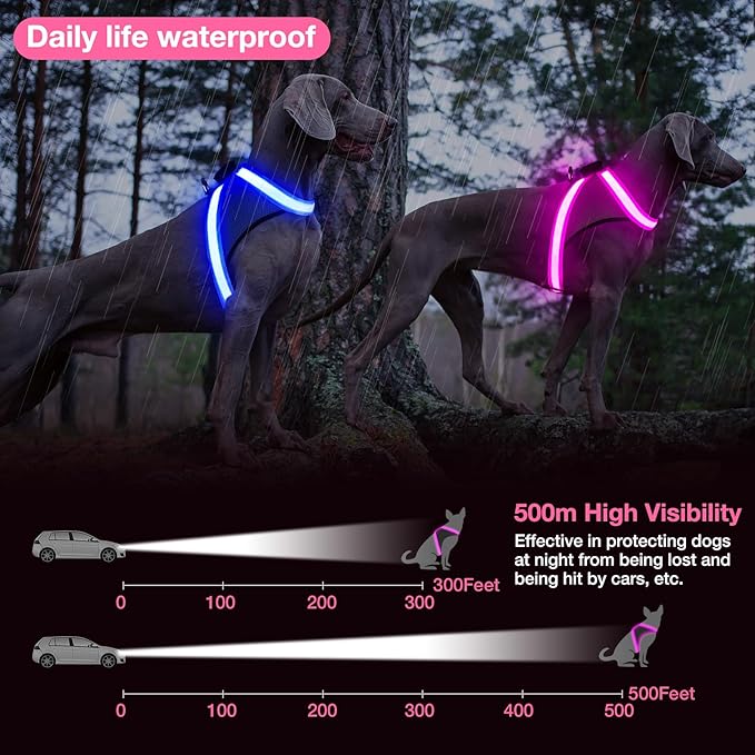 ChalkLit Light Up Dog Harness, No Pull Led Dog Harness Glow-in-The-Dark for Night Walking, USB Rechargeable Lighted Safety Vest for Medium Large Dogs, Adjustable Soft Mesh Fully Illuminated(Pink, L)