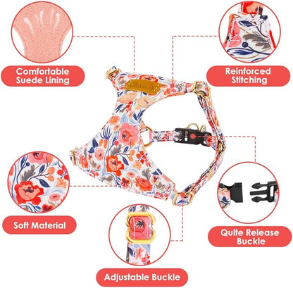Lukovee Puppy Harness and Leash Set, No Pull Lightweight Soft Suede Adjustable Pet Harness Vest with Snap Buckle for Puppy Small and Medium Size Dog (Flower-S)