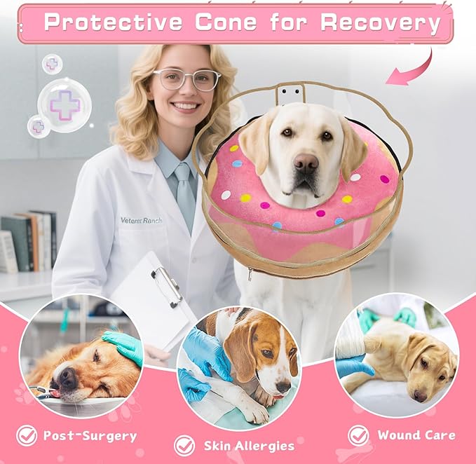 Inflatable Dog Cone Collar Soft Dog Cone Alternative After Surgery to Stop Licking for Large Medium Dogs Recovery Donut Cone Adjustable Neck Collar with Enhanced Anti-Licking Guard Shield,Donut Pink,L