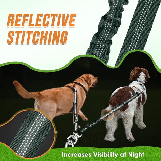 AUTOWT Double Dog Leash, No Tangle 360°Swivel Rotation Reflective Lead Attachment Adjustable Length Dual Two Dogs Lead Splitter, Comfortable Shock Absorbing Walking Training for 2 Dogs