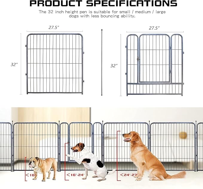Dog Playpen,32/40/45 Inch Height in Heavy Duty, Folding Indoor Outdoor Anti-Rust Dog Exercise Fence, Portable Pet Playpen with Door for Large Medium Small Dogs and Pet (24 Panels, 32 Inch) Silver