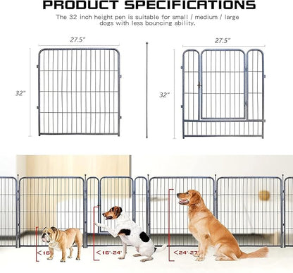 Dog Playpen,32/40/45 Inch Height in Heavy Duty, Folding Indoor Outdoor Anti-Rust Dog Exercise Fence, Portable Pet Playpen with Door for Large Medium Small Dogs and Pet (24 Panels, 32 Inch) Silver