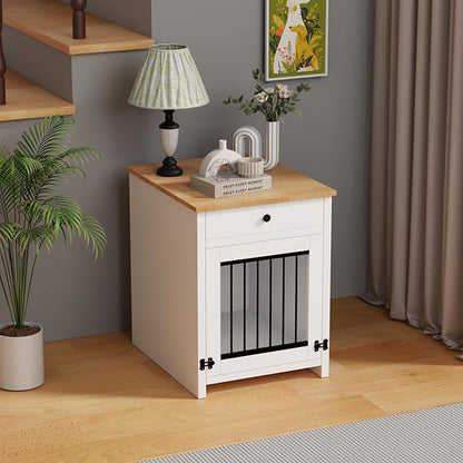 Small Dog Crate Furniture with Drawer, Wooden Pet Kennel End Table for Small Dogs, Furniture Style Indoor Dog House, Decorative White Dog Cage Nightstand, Side Table with Metal Bars & Secure Lock