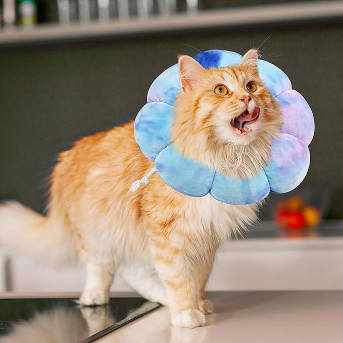 Flower Cat Cone, Uadonile Adjustable Dog Cone Collar, Soft Dog Elizabethan Collar Recovery E Collar After Surgery, Recovery E-Collar for Kittens/Puppies and Cats Recovery(Tie-dye Purple Blue, L)