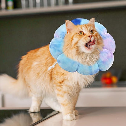 Flower Cat Cone, Uadonile Adjustable Dog Cone Collar, Soft Dog Elizabethan Collar Recovery E Collar After Surgery, Recovery E-Collar for Kittens/Puppies and Cats Recovery(Tie-dye Purple Blue, L)